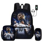 M-Mbappe 3 tk komplekt Koolikotid Seljakott USB-liidesega Jalgpallit&auml;ht &Otilde;lakotiga Spordipliiatsikott Laste seljakott black