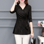 Casual Slim Fit Plus Size naiste topp pikkade varrukatega Blusa V-kaelusega lilla punaste lilledega Naiste pluusis&auml;rk L must