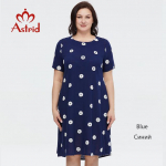 Astrid naiste suvekleit 2023 Elegantne puuvillane &uuml;lisuur kontorikleit t&auml;pilise tikandiga taskuga pikad kleidid naistele 48 sinine