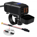 Mootorratta USB-laadija, 6,8-amprine SAE-USB-adapter, veekindel kahe pordiga QC3.0/2.0, koos voltmeetri ja sisse-/v&auml;ljal&uuml;liti ja kaitsmega, kiirlaadimisega telefon ja palju muud 5.8x6.7x3.3cm must/punane