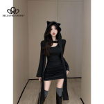 Little Devil Fashion Mood Lahe m&uuml;ts K&otilde;rv Kaheosaline komplekt &Uuml;likond Liibuv seksikas kott Puusa &uuml;hev&auml;rviline kleit pikkade varrukatega &uuml;likond S must