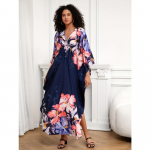 Naiste elegantne kattekleit, pluss suuruses lillemustriga punutud detailiga V-kaelusega nahkhiirevarrukatega l&otilde;hikuga maksipikkusega ranna kaftan kleit One-size mitmev&auml;rviline