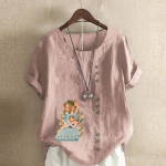 Naiste moodne &uuml;mara kaelusega l&uuml;hikeste varrukatega T-s&auml;rk vabaaja puuvillane linane graafiline s&auml;rk vaba aja avaraks armsaks lillet&uuml;drukuks prinditud suvepluusiga topsid plusssuuruses S