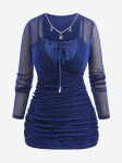 Rosegal Plus Size Star Chain Panel Ruffle Tie Ruched Glitter Mesh T-s&auml;rk L sinine