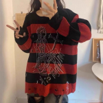 Gooti triibuline kampsun naiste punk Harajuku Y2k vintage pikkade varrukatega kootud pullover Streetwear Oversize kampsunid punane