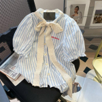 Pitsist lipsuga triibuline s&auml;rk t&uuml;drukule, puhvvarrukatega, Korea stiilis naiste topid, s&uuml;damekujuliste n&ouml;&ouml;pidega, armsad t&uuml;drukute l&uuml;hikeste varrukatega pluusid M