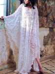 Suures suuruses Boho Cover Up, naiste lilleline pits, l&auml;bipaistev valge lipsu seljataga seljata nahkhiirevarrukatega Maxi rannakaftani kleit ilma bikiinideta One-size valge