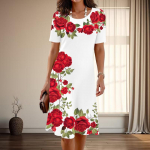 Naiste Mood Graatsiline Ilus Roosi Mustriga Suvine Kevadine L&uuml;hikeste Varrukatega O-kaelusega Vabaaja Kleit 4XL