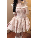 Vintage Lolita Kleit Naistele Pitsist Patchwork Magus Printsessi Volangidega K&otilde;rge V&ouml;&ouml;koht Kihtidega Kleit Naiste Korea Mood Elegantne Kleit S roosa