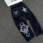 Y2K Teksad Meeste Hip Hop Retro Skull Tikand Pestud Kottis Denimp&uuml;ksid Uued sirged vabaaja Laia s&auml;&auml;rega p&uuml;ksid T&auml;navar&otilde;ivad XXL valge
