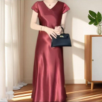 Elegantne satiinist l&uuml;hikeste varrukatega merineitsi kleit salendav suvine prantsuse stiilis kvaliteetne pikk kleit XXL veini