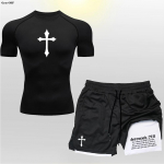 Risti piibel T-s&auml;rk L&uuml;hikesed p&uuml;ksid Kahekihilised p&uuml;ksid Poks Muay Thai Kickboxing Komplekt 3D prindiga J&otilde;usaal Sport Treenimine Fitness Mehed Elastne v&ouml;&ouml;koht L&uuml;hike varrukas L