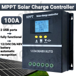 100A MPPT p&auml;ikesepaneelide laadimiskontroller 12V 24V 36V 48V LCD-ekraaniga Aku intelligentne regulaator Max 100V sisend Kahekordne USB pliihappe/liitiumaku jaoks