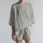 Vintage naiste suvine puuvillane linane pluus &uuml;hev&auml;rviline O kaelus, poolvarrukatega, pooliku all&auml;&auml;rega vabaaja suur suurus XLarge hall