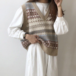 Uus s&uuml;gisene sviitervest naiste vintage kootud &scaron;ikk pullover Harajuku Korea žakaarv&auml;rvi V-kaelusega avarad varrukateta džemprid One Size khaki