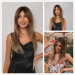 ALAN EATON s&uuml;nteetilised parukad, pikad sirged kihiline soeng Ombre tumepruun blond hall tuhkpunane tukkidega naiste parukas