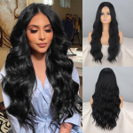 LISI HAIR Naiste pikad lainelised naturaalsed mustad pitsist parukas ilma tukkideta s&uuml;nteetilisest kiust Water Wave igap&auml;evane Cosplay parukas 60cm