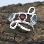 Granaat Sinine Topaas V&auml;&auml;riskivi Statement S&otilde;rmus 925 Sterlingh&otilde;be K&auml;sitsi valmistatud Ehted 6 h&otilde;be