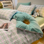 P&otilde;hjala stiilis Jaapani stiilis tr&uuml;kita ruuduline neljaosaline voodilina ja tekikott pestud puuvillast harjatud kolmeosaline komplekt 1.8m fitted sheet 4pcs