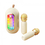 Mini karaokemasin juhtmeta mikrofoni ja k&otilde;larite komplekt 2 mikrofoniga laetava LED v&auml;rviga beež