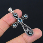 Natural Swiss Blue Topaz Handmade 925 Sterling Silver Cross Pendant 2.10 d0i20