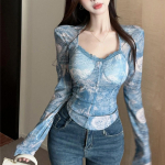 Kevad Y2k Esteetilised lipsuv&auml;rviga prinditud topid pitsiga p&otilde;hjaga k&auml;rbitud topid T&auml;navar&otilde;ivad Harajuku naiste vintage seksikas grunge T-s&auml;rk T-s&auml;rk M sinine