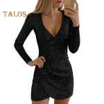 Kevad s&uuml;gisene naiste kleit Litritega s&uuml;gav V kaelus Slim Fit pikad varrukad Slim Fit Ebaregulaarne plisseeritud piduklubi l&uuml;hike kleit Tutvumis&otilde;htu balli minikleit XXL h&otilde;be