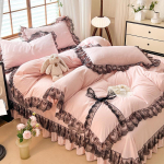 Printsessistiilis &uuml;hev&auml;rviline pitsiga pestud puuvillane voodipesu neljaosaline seersuckerpitsiga tekikate 1.5 meter bed