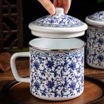 Kruus Retro nostalgiline vanamoodne emailiga kruus majapidamises kasutatav sinine ja valge portselanist joogiga suure mahutavusega suletud hiina stiilis kaas 1300ml