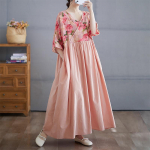 Summer Patchwork Artistic Loose Casual Retro Style Mid Length V-neck Dress for Women Dresses one size