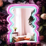 Kaar Laine Neoonm&auml;rk Peegel Seinakujunduseks, Toiteallikas USB, 3D Kunst Neoonvalgus, Roosa ja Sinine, LED-valgustusega Seinapeegel, Meigipeegel Valgustusega 10in/25.4cm sinine/roosa