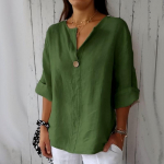 Uued suvised topid &Uuml;hev&auml;rvilised lahtised V-kaelusega vabaaja s&auml;rgid Naiste puuvillased ja linased kolmveerand varrukatega pluss suuruses pluusid Naiste elegantsed slim-fit pullover-s&auml;rgid 26456 3XL roheline