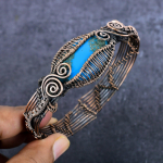 Natural Arizona Turquoise Gesmtone Copper Wire Wrap Cuff Bangle Adjustable v0l18