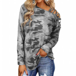 Naiste mood T-s&auml;rk Tr&uuml;kiga &Uuml;mara kaelusega Pikkade varrukatega Top Kamuflaaž Pullover XXXL hall
