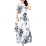 Naiste Suvine Voolav Sifonist Maksikleit Vabaaja L&uuml;hikeste Varrukatega V-kaelusega Pikk Kleit Boho Lilleline Rannakleit L