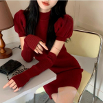 Kootud kampsun kleit pidulik naiste vabaaja seksikas &otilde;huke Y2k minikleit &otilde;htune kontori daami kevadine &uuml;hes t&uuml;kis Korea mood S punane