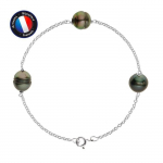 Bracelet - PERLINEA - 3 Perles de Culture de Tahiti 9-10 mm - Argent 925 - Longueur 18 cm - Qualit&eacute; AAA+