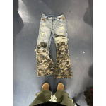 ROADVIBE Ameerika Retro Kamuflaaž Patchwork Teksap&uuml;ksid Meestele Katki Auk Kassik&auml;pad Lai Jalg Streetwear Trendikad Pesitud Denim P&uuml;ksid S gray