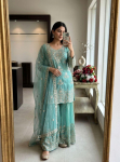 Disainer India Bollywood Salwar Kameez Pakistani Peoasjade Sharara &Uuml;likond Kleit M-38 taevasinine v&auml;rv
