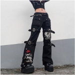 E-t&uuml;druk Gooti mustad p&uuml;ksid Capri naiste madala v&ouml;&ouml;kohaga teksad Pikad p&uuml;ksid Y2K Grunge vintage hip hop punk Harajuku t&auml;navar&otilde;ivad S must