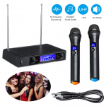 Karaokemikrofonid UHF Professionaalne juhtmeta kahe k&auml;eshoitava mikrofoni s&uuml;steemikomplekt must