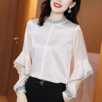 elegantsed naiste suvised pluusid pikkade varrukatega siidist &scaron;ifoonist tikandid naiste topid naiste s&auml;rk pluus chemise femme blusas M roosa