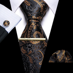 Meeste luksuslikud must-kuldsed lipsud Paisley lillelised siidist lipsutasku kandilised mansetin&ouml;&ouml;bid lipsuklambrite komplekt N-6055