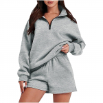 Naiste kaheosaline &uuml;hev&auml;rviline t&otilde;mblukuga taskuga dressipluus l&uuml;hikeste p&uuml;kste komplekt S hall