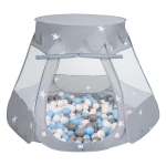 Selonise m&auml;ngutelk 105x90cm/100 palli lossimaja pop-up ballpit plastikpallid lastele, hall:hall/valge/beebisinine 105x90cm/100 balls