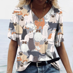 Naiste T-s&auml;rk Cartoon Cat Print Suvine l&uuml;hikeste varrukatega V-kaelusega Kawaii mood vabaaja T-s&auml;rgid kassipoeg Naljakas naiselikkus Riietus M