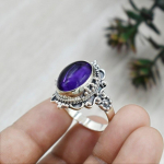 Amet&uuml;stist ovaalsest v&auml;&auml;riskivist Boho disainitud s&otilde;rmus, 925 Sterling h&otilde;bedane s&otilde;rmus, Bohemian s&otilde;rmus, Statement s&otilde;rmus, k&auml;sitsi valmistatud s&otilde;rmus, &auml;&auml;risr&otilde;ngas 6