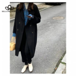 Korea stiilis keskmise pikkusega villane mantel Kaherealine villane mantel Korea stiilis lahtine rev&auml;&auml;riga mantel Onesize roosa