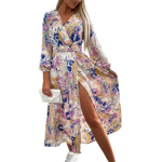 V-kaelusega pikkade varrukatega v&ouml;&ouml; k&otilde;rge v&ouml;&ouml;kohaga pahkluu pikkus v&auml;rvilise tr&uuml;kiga l&otilde;hestatud &auml;&auml;risega pidulik maksikleit 2XL roheline