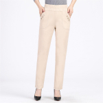 Suures suuruses k&otilde;rge v&ouml;&ouml;kohaga pikad p&uuml;ksid, naiste sirged p&uuml;ksid, linane Pantalon XL pruun